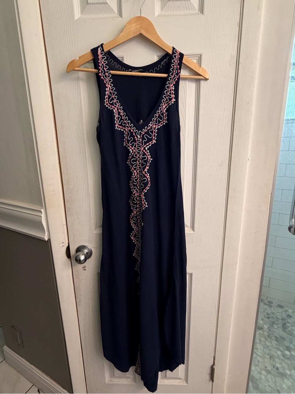 Navy Sleeveless Maxi Dress with Pink Embroidery